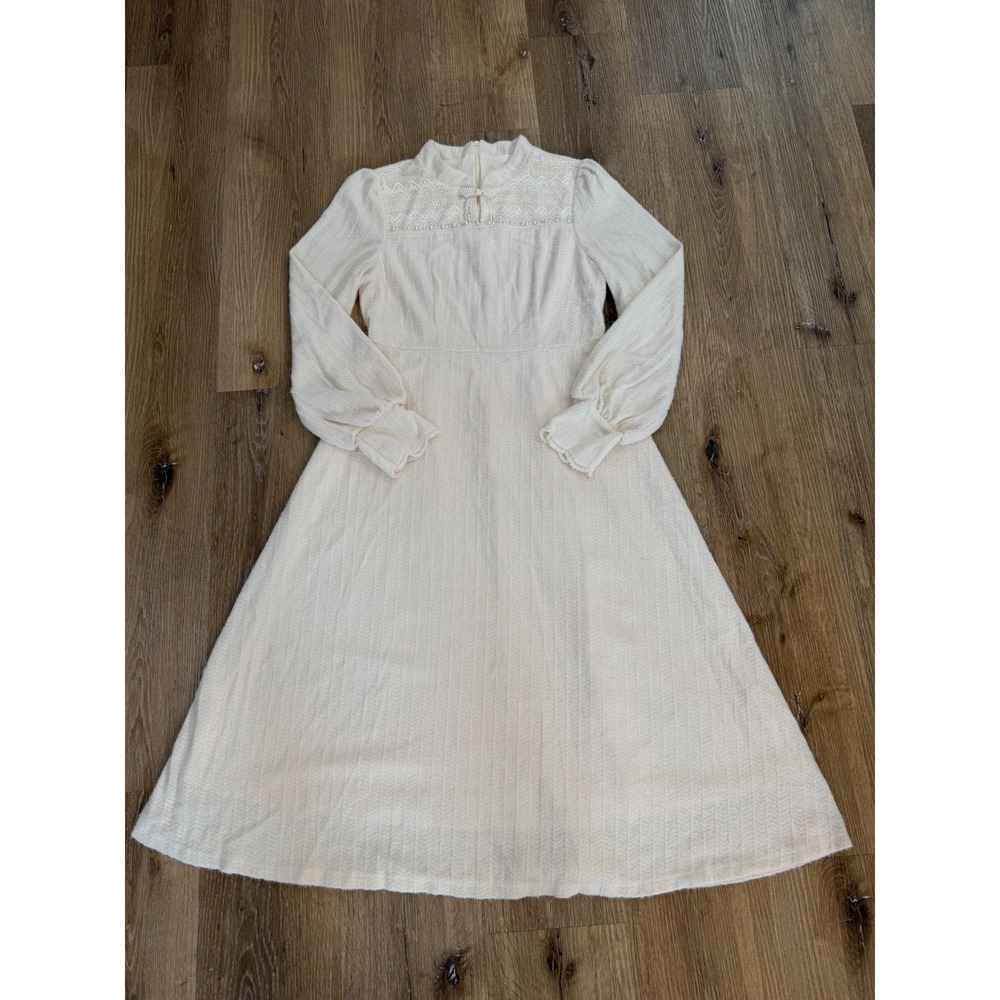 Whimsygoth Victorian Midi Dress Womens L Cream Lace Pearl Trim Cottagecore Boho